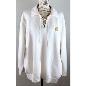 Ralph Lauren Vintage White Lace-Up Pullover Crest Logo Collar Knit Sweater Sz 3X